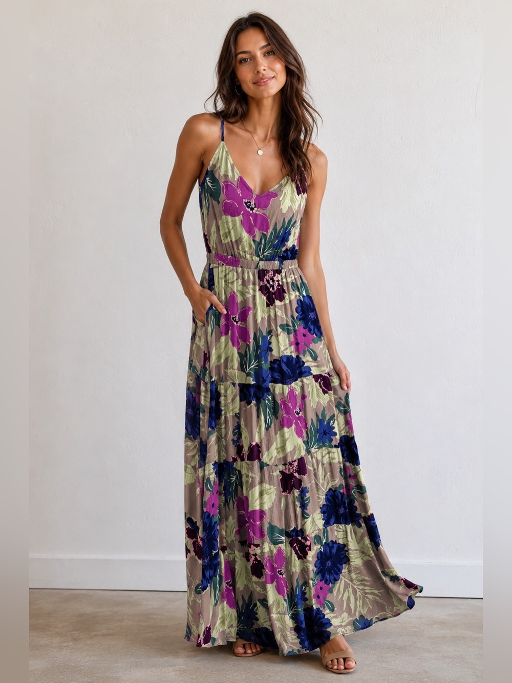 Rokoko Floral Maxi Dress M Boho Tiered Sleeveless Rayon Lined Summer Vacation